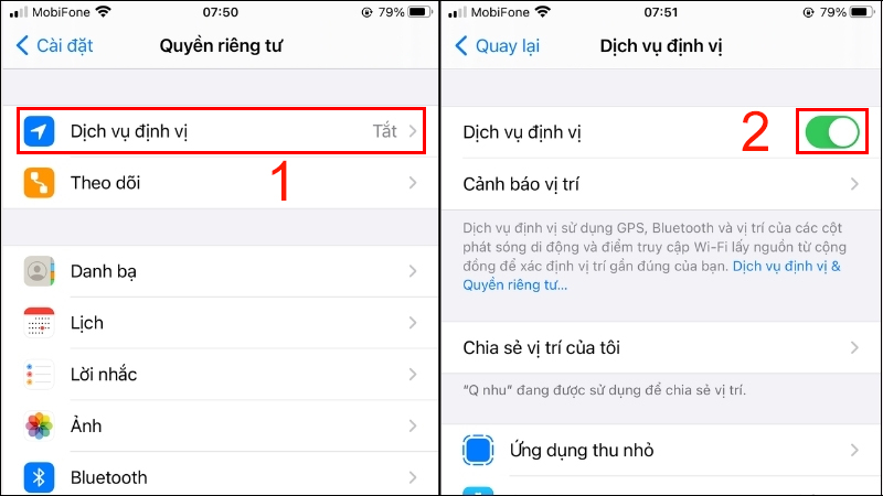 Tiến hành gạt nút để bật định vị trên iPhone